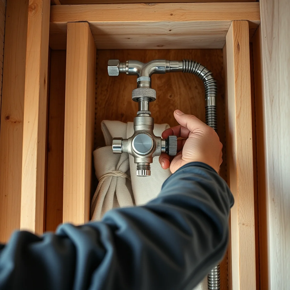 Pressure-balanced brass shower mixing valve rough-in mounted securely between wall studs