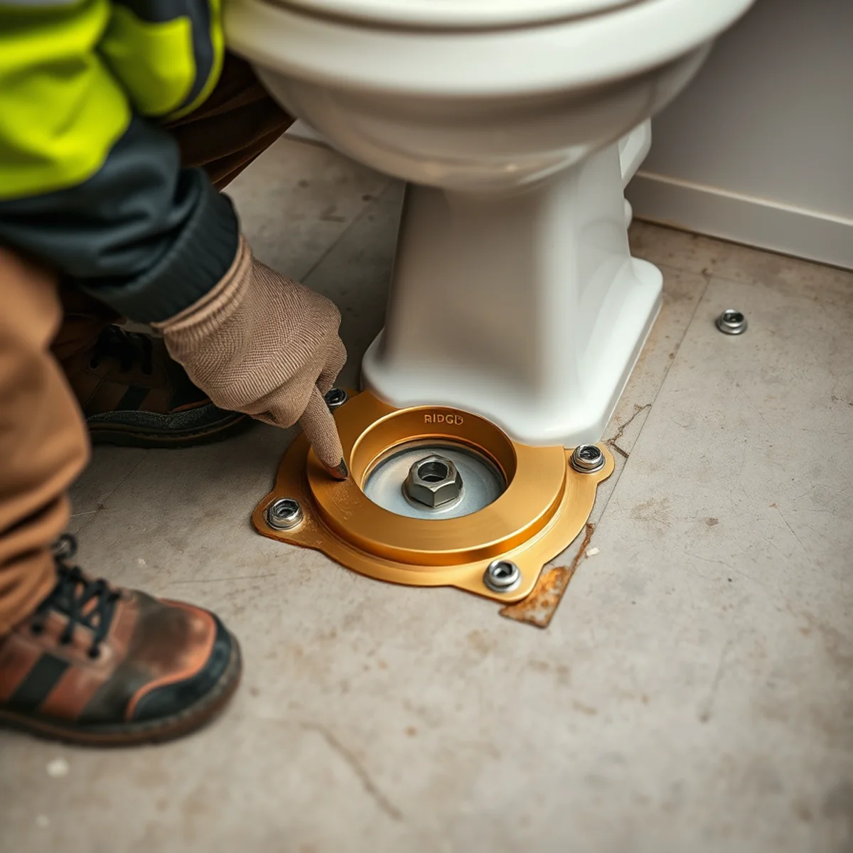 New stainless steel replacement closet flange installed on a bathroom tile floor