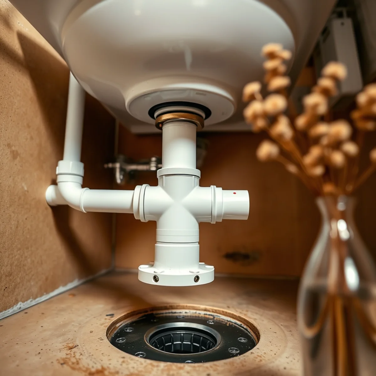 Under-sink bathroom vanity plumbing showing chrome pop-up assembly and clean P-trap