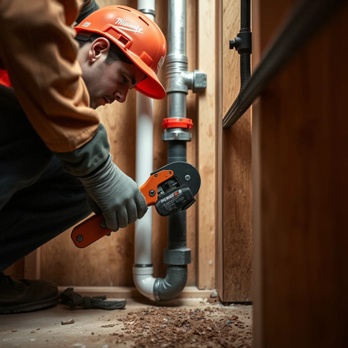 Technician using a rotary tubing cutter to remove a damaged pipe section cleanly