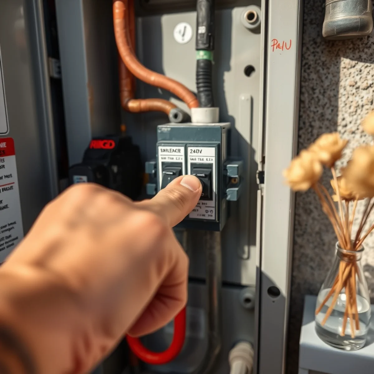 Hand switching off the dedicated 240-volt double-pole circuit breaker labeled Well Pump
