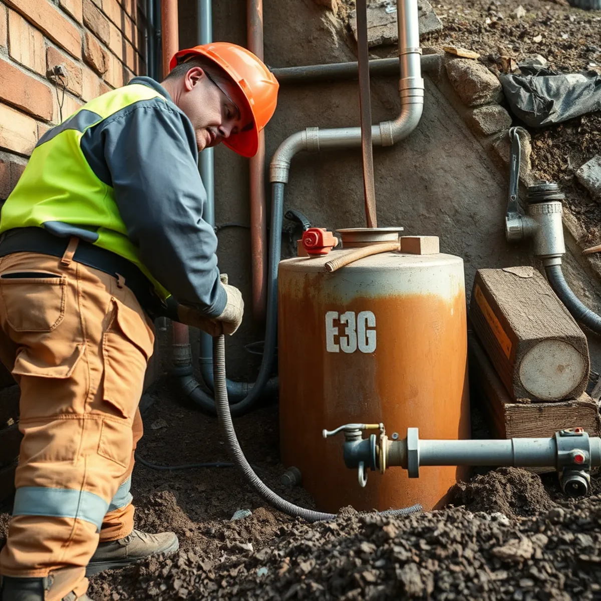Plumber removing a failed, waterlogged well pressure tank in a rural Keezletown utility room
