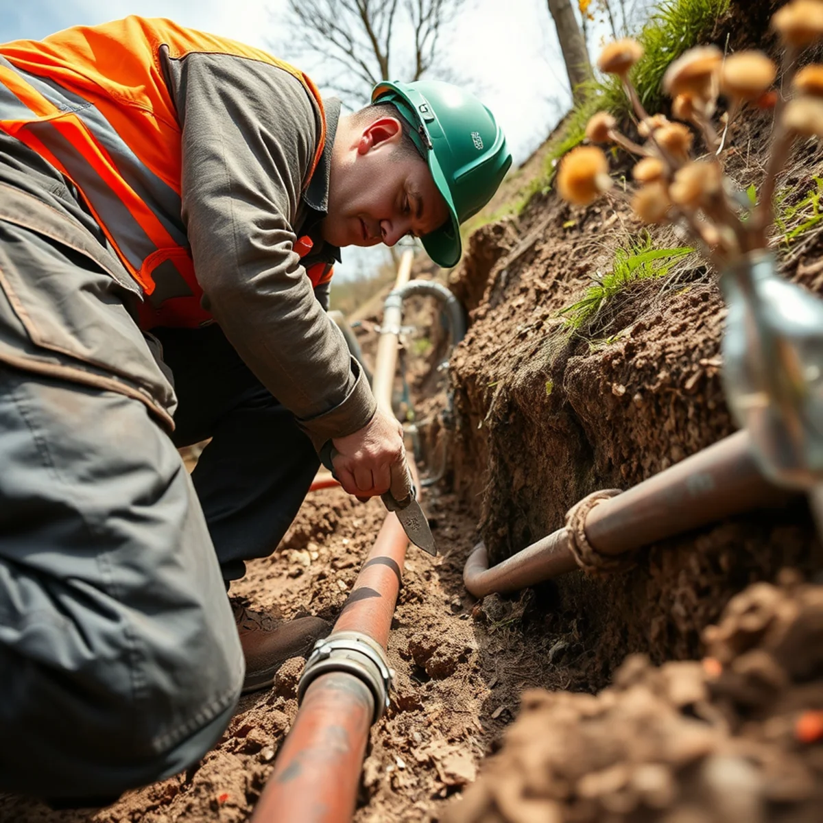Technician inspecting septic line cleanout pipe on a hillside property in Keezletown