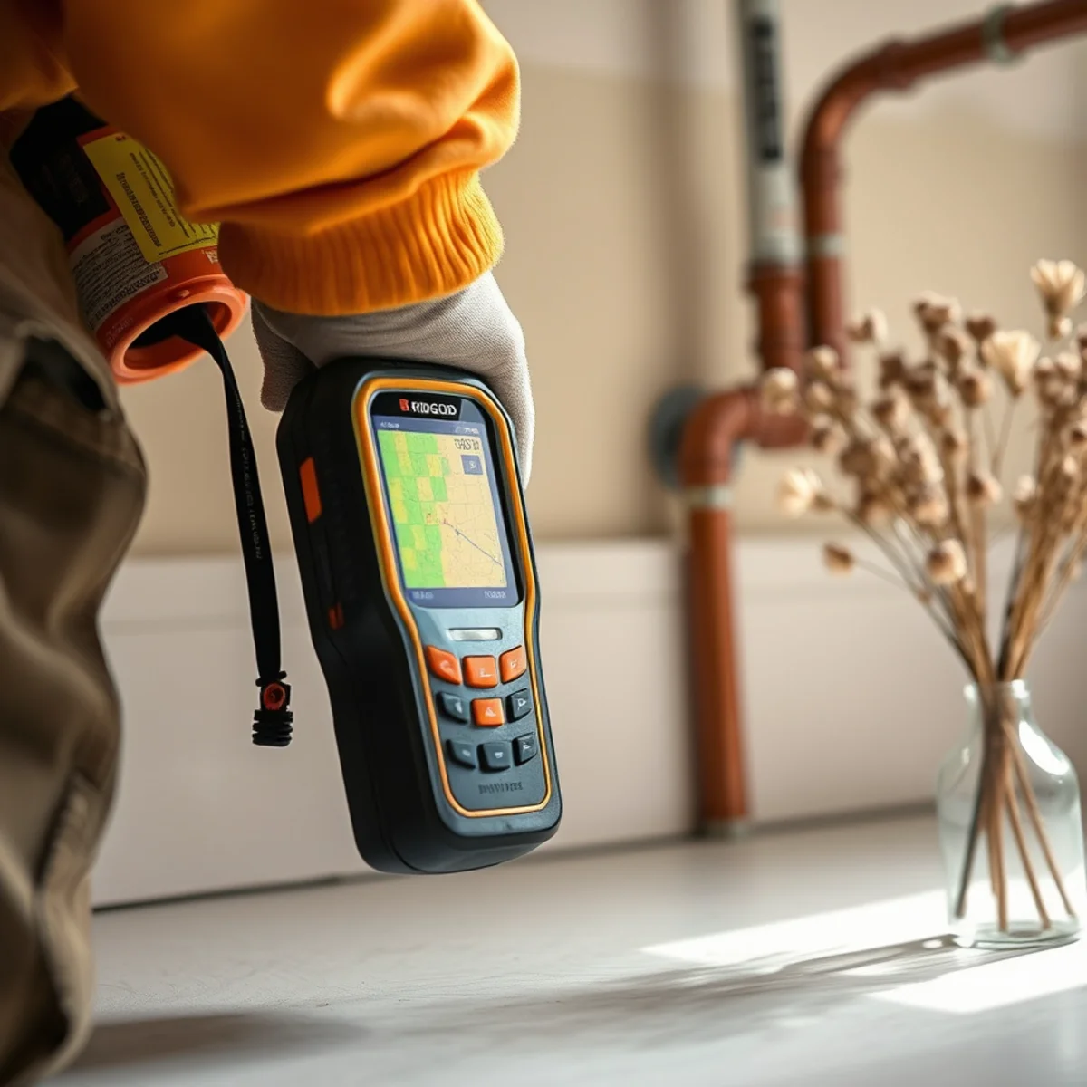 Pinless digital moisture meter measuring moisture saturation level on a finished baseboard