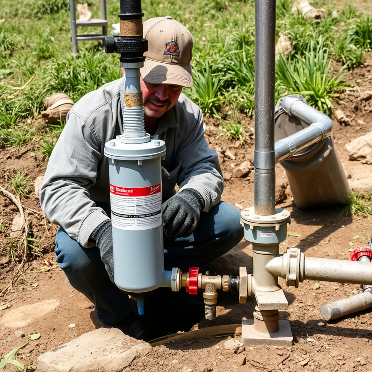 Technician using digital clamp meter to measure operating amperage on a well pump controller box