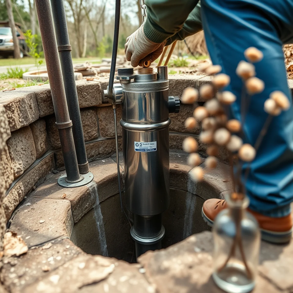 Technician installing replacement pressure tank and switch for a mountain well in Luray