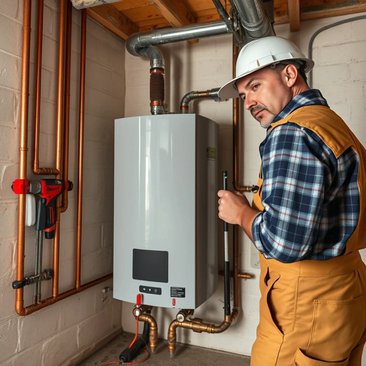 Wall-mounted on-demand tankless water heater replacing a tank in a suburban home