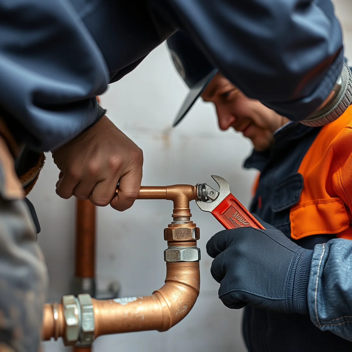 Plumbing technician using professional press tool to connect durable PEX water lines in a crawlspace