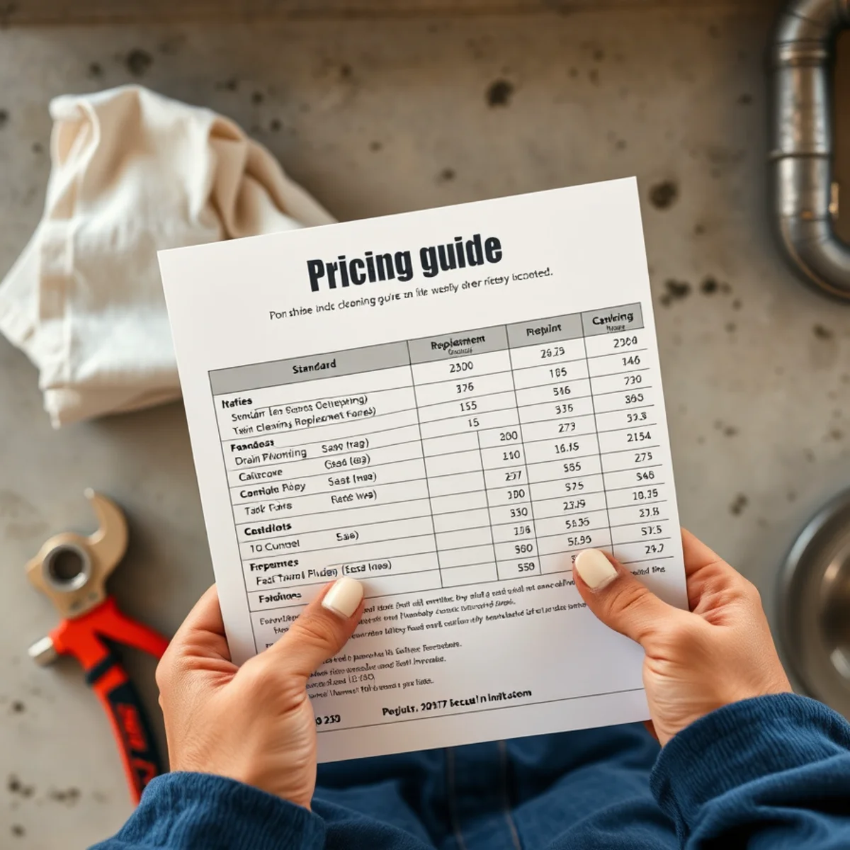 Plumbing pricing schedule detailing upfront flat-rate rates for common repairs and drain clearings