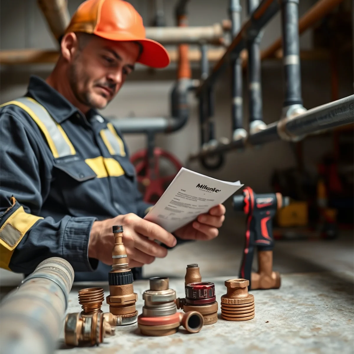 Plumber explaining itemized parts and labor breakdown to an attentive homeowner