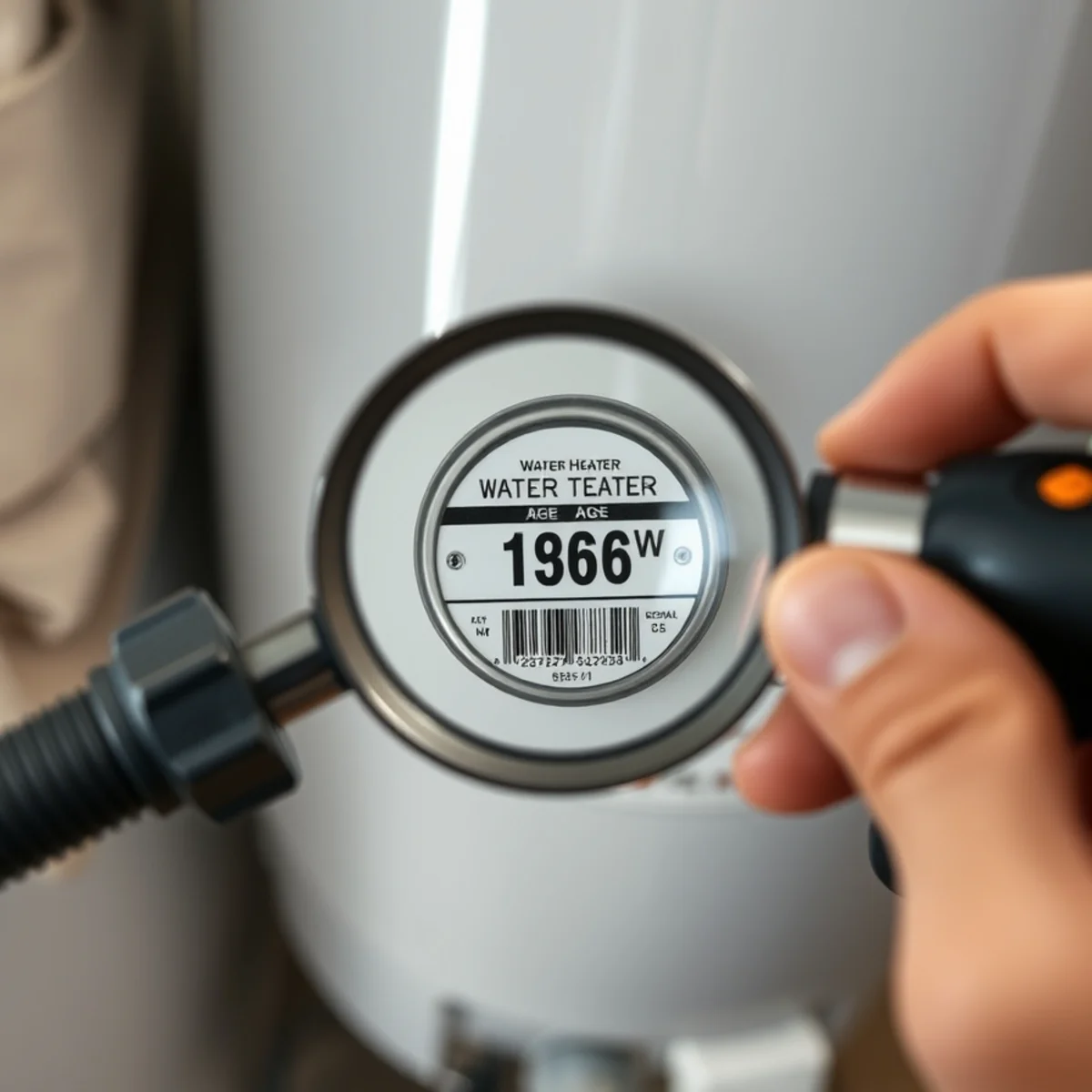 Close-up of manufacturer serial number rating plate on a water heater verifying manufacturing year