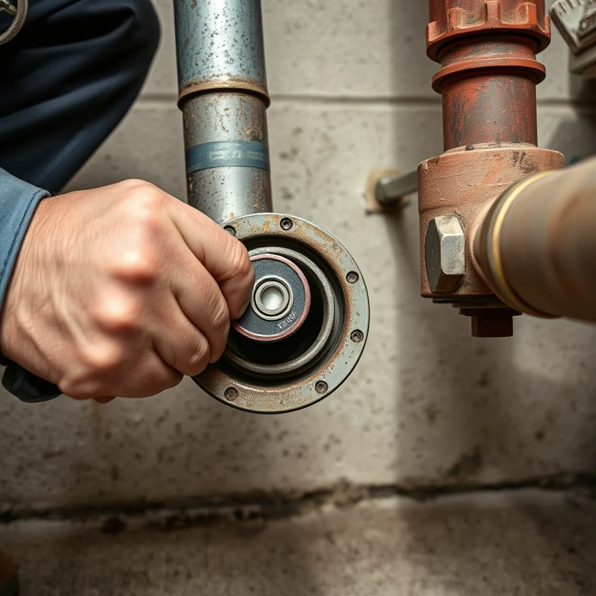 Technician carefully loosening a threaded cleanout plug on an exterior waste stack with a catch basin