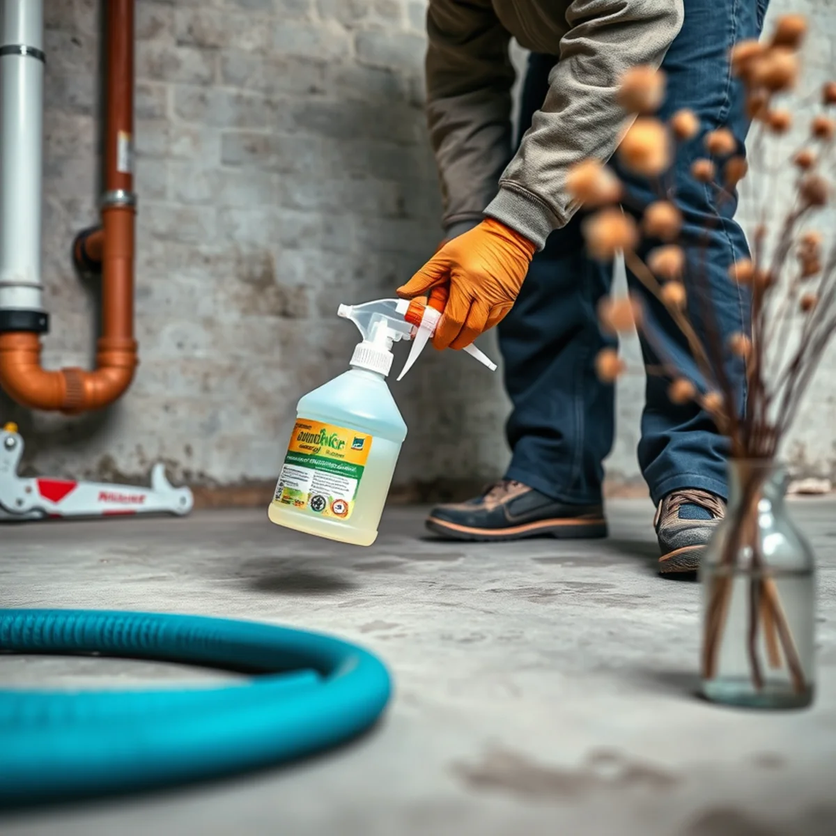 Applying hospital-grade antimicrobial disinfectant to a scrubbed concrete basement floor