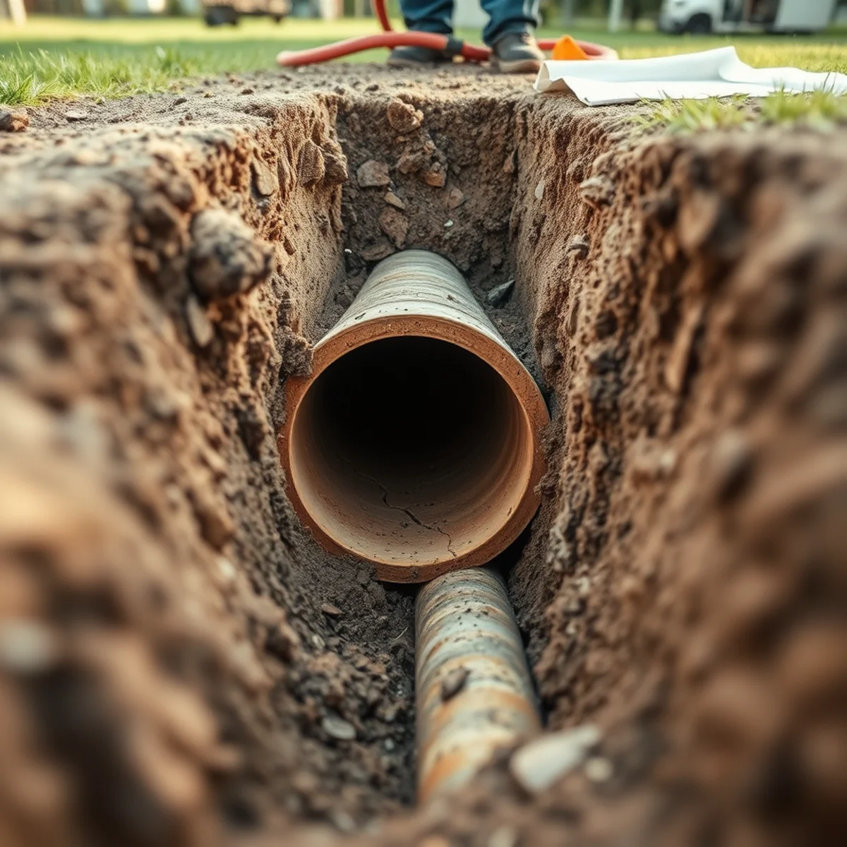 Trench safety shoring box installed inside an excavation for sewer line replacement