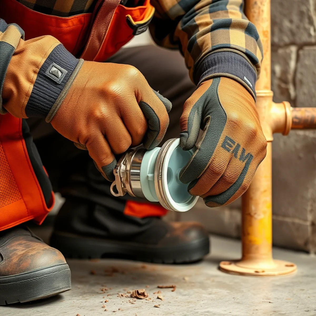 Plumber tightening heavy-duty stainless steel shielded shear bands on green SDR-35 sewer pipe