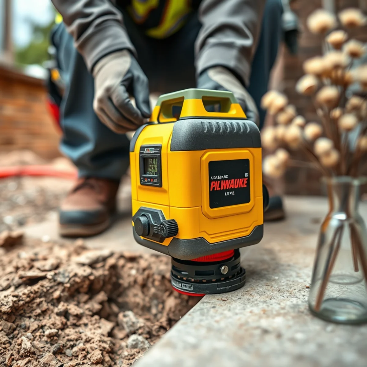 Digital builder level verifying 1/4-inch per foot slope along newly bedded sewer pipe