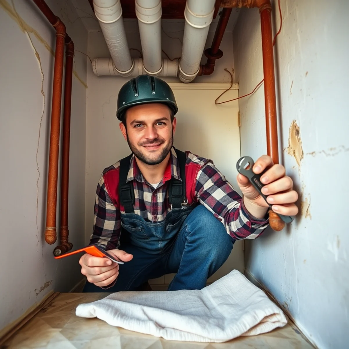 Plumber replacing old corroded cast iron pipes with modern PVC in a Staunton basement