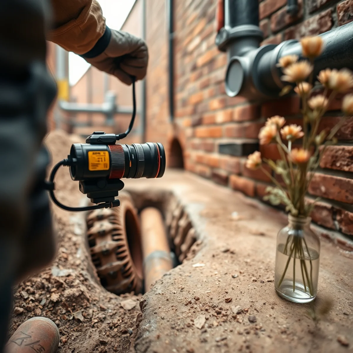 Sewer inspection camera tracing an older clay sewer lateral under a brick sidewalk in Staunton