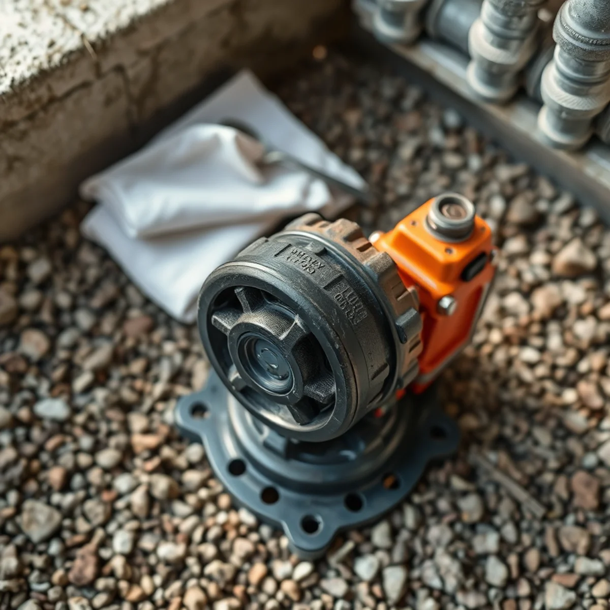Heavy-duty 1/2-horsepower epoxy-coated cast iron submersible sump pump resting on basin floor