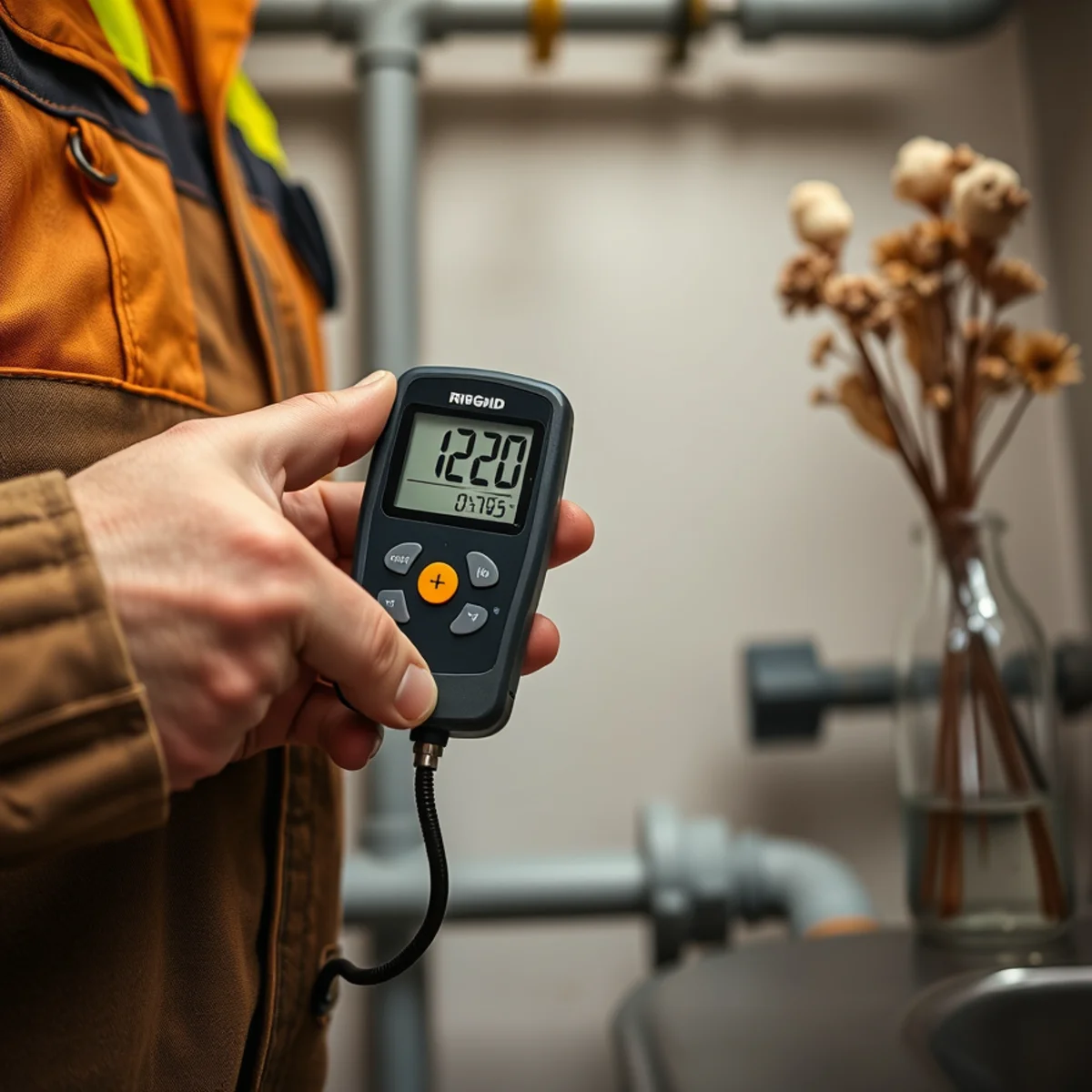 Homeowner touching digital control interface on tankless water heater displaying 120 degrees