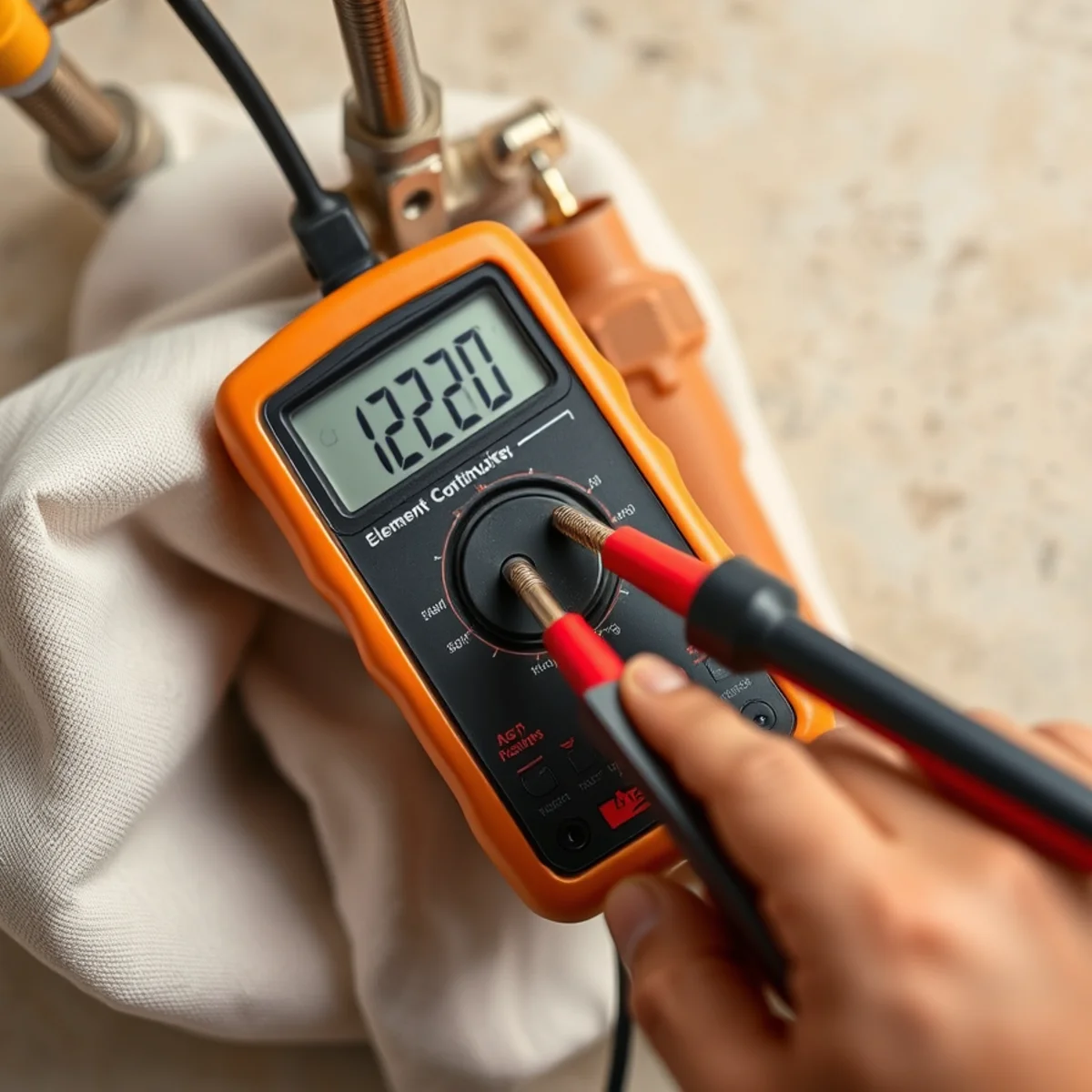 Digital multimeter reading twelve ohms resistance across water heater electric heating element
