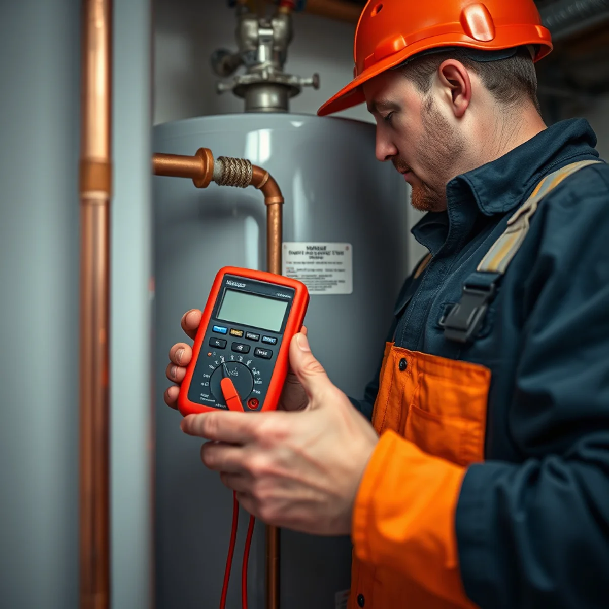 Plumber testing electrical heating elements with a digital multimeter on an open water heater panel