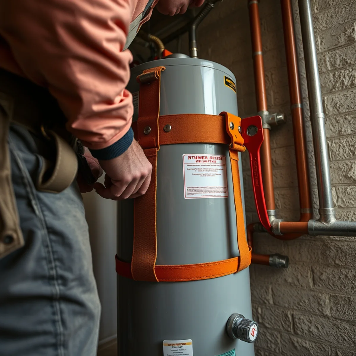 Heavy galvanized seismic restraint safety straps securing a water heater tank to wall studs