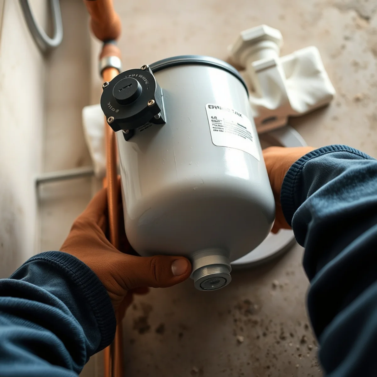 Thermal expansion tank mounted with brass tee and shutoff valve above a water heater
