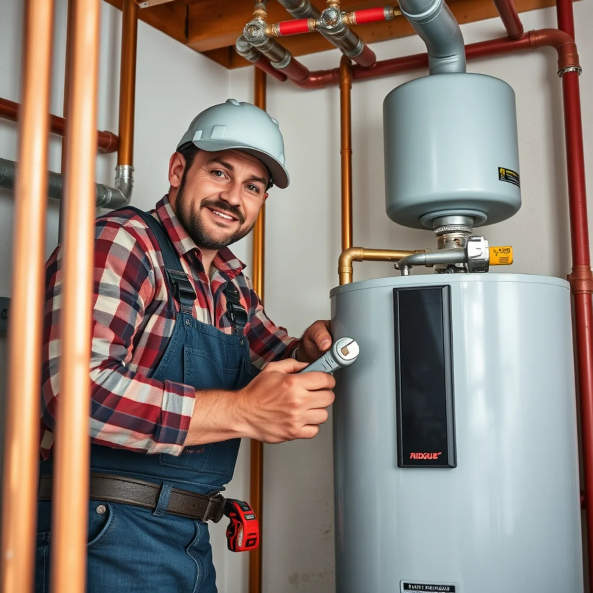 Clean modern residential water heater installation in an organized basement utility room