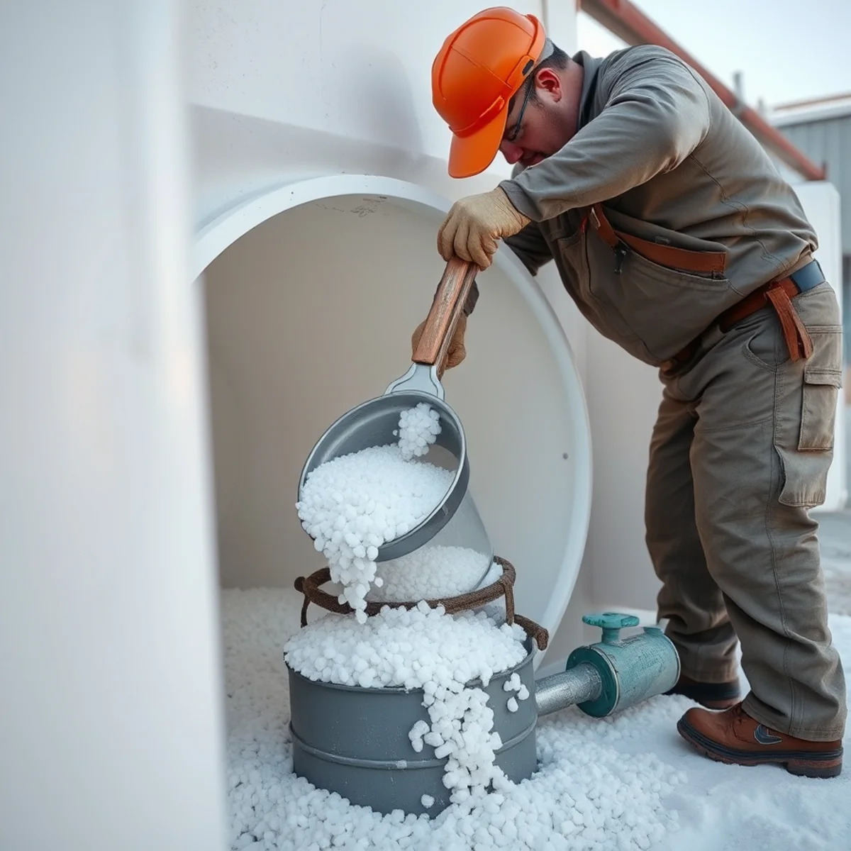Open brine tank showing clean white solar salt crystals and safety float assembly