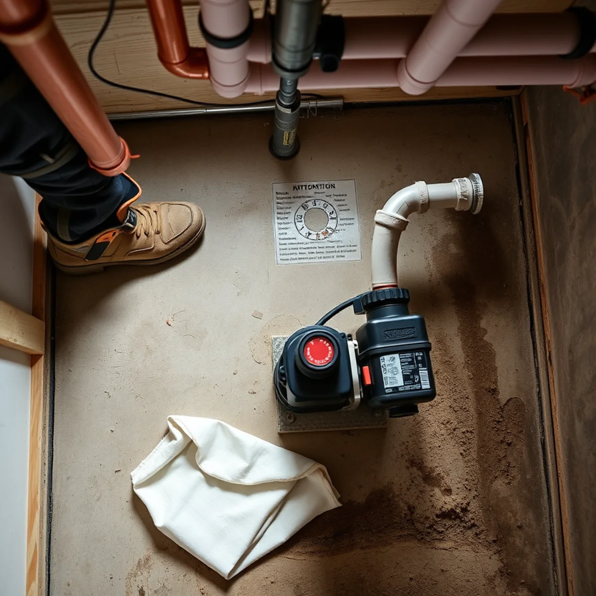 Plumber installing thick closed-cell foam pipe insulation on exposed water lines in a crawlspace