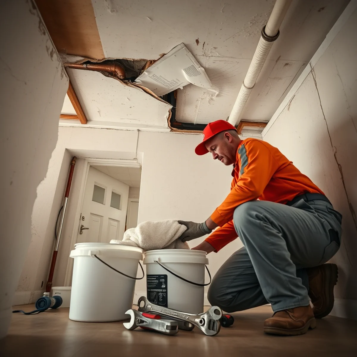 Homeowner placing containment buckets and heavy towels beneath an active ceiling leak