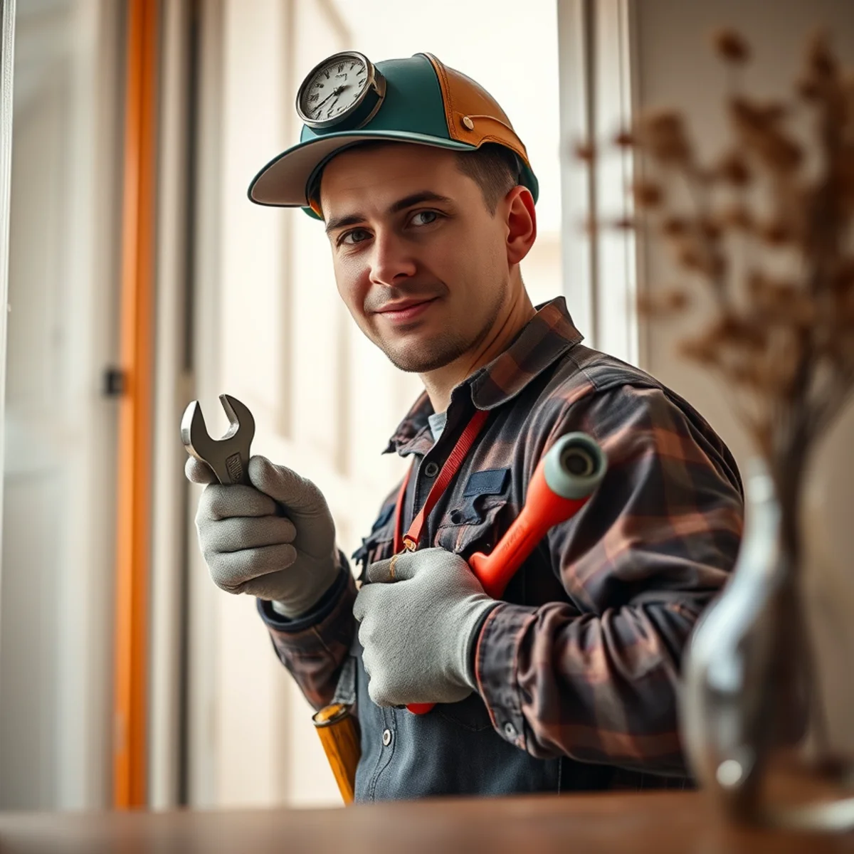 Emergency plumber arriving with press tool and pipe repair fittings to splice ruptured pipe
