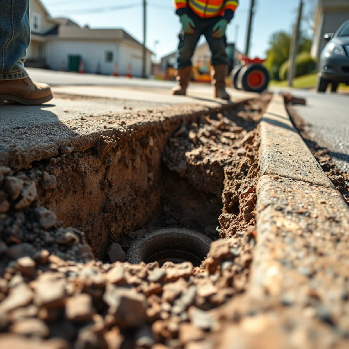 Asphalt saw cut and trench shoring box in a street excavation during public sewer main repair