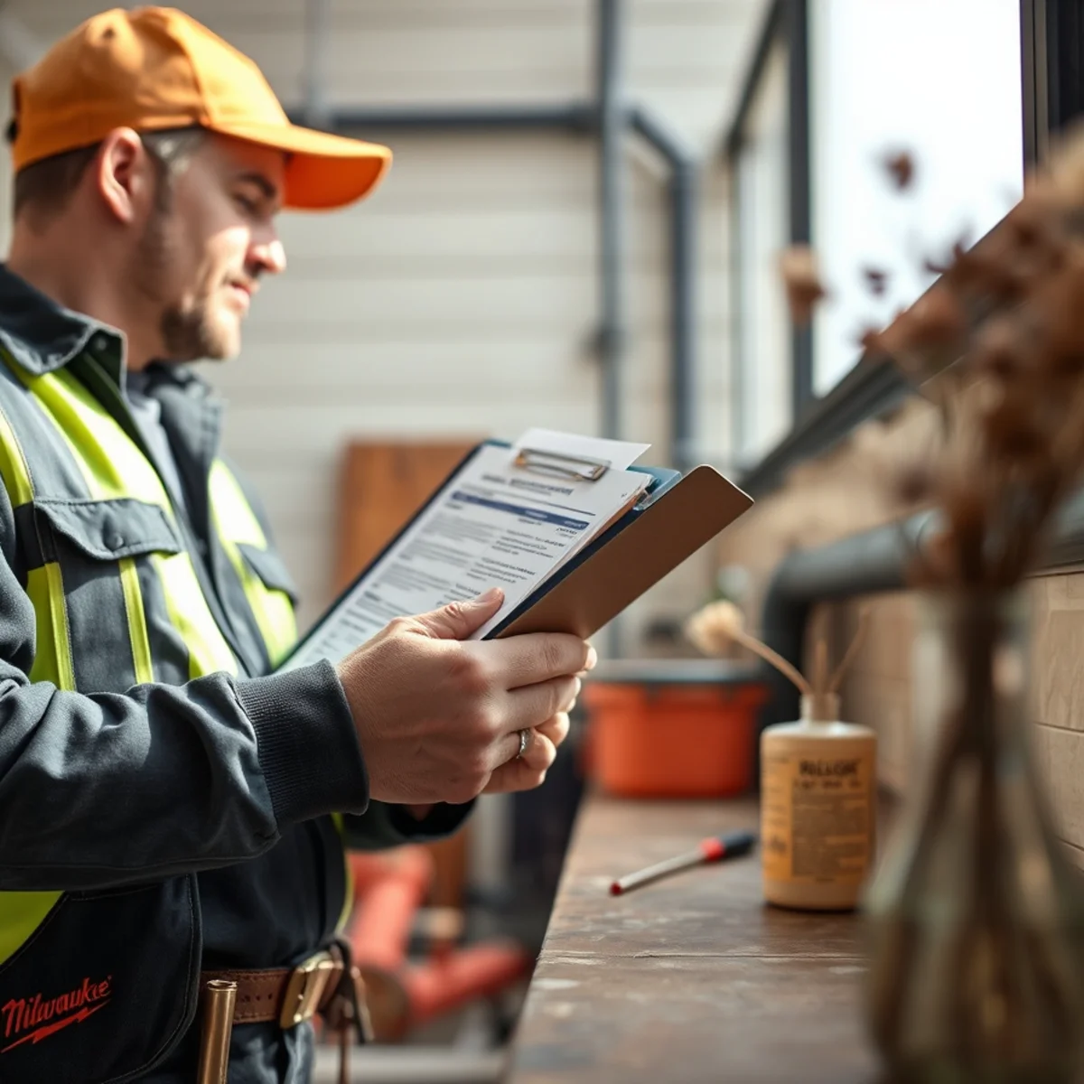 Architectural utility map and Harrisonburg municipal sewer lateral permit application on a clipboard