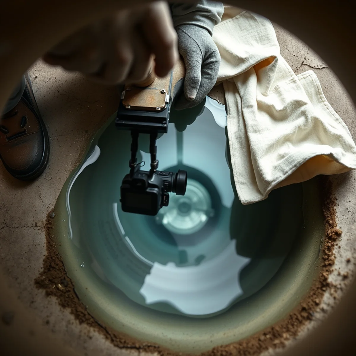 Sewer camera submerged in standing water revealing a sagging bellied section in an underground lateral